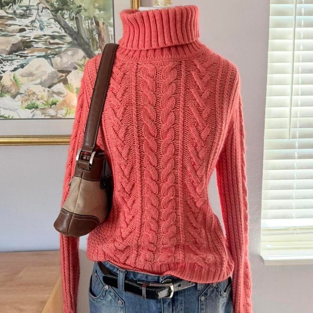 Eddie Bauer Cable Knit Turtleneck Sweater Women Orange Excellent